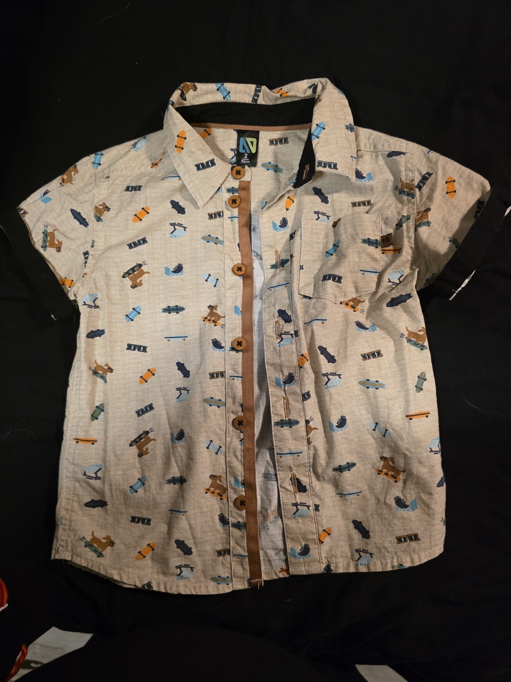 Nano Boys Beige Short-Sleeve Button-Up with Blue and Orange Skate Prints